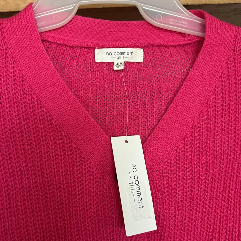 NWT No Comment Girls Fuchsia Pink Cable Knit Distressed Cardigan Sweater L (14)